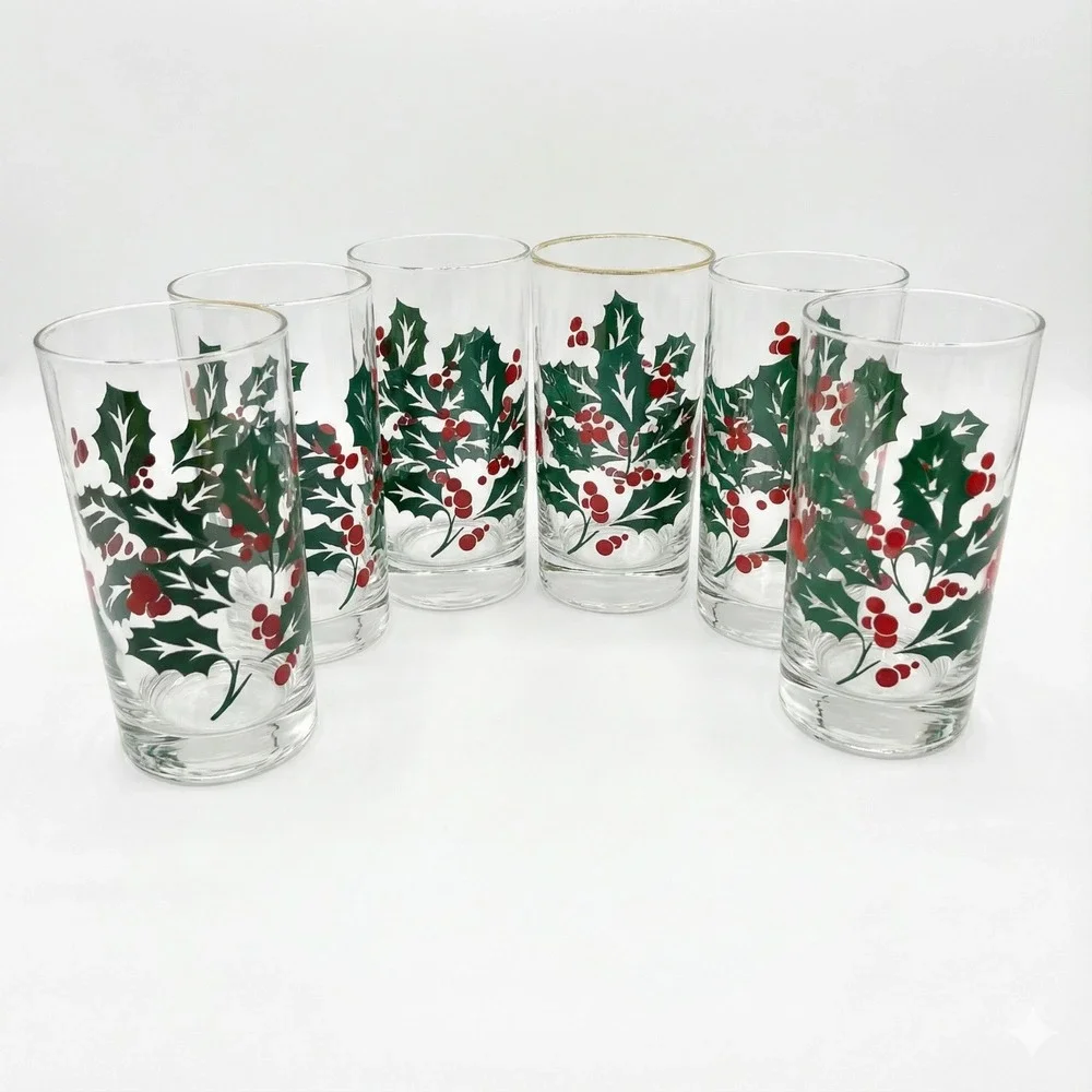 Vintage Holly Berry Glasses Bartlett Collins  Christmas Set of 6 80s 90s Holiday